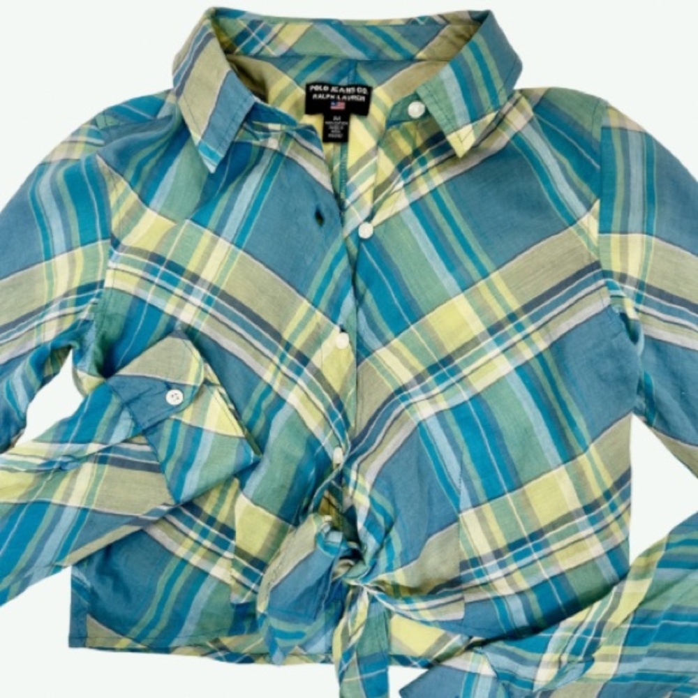 Ralph Lauren Plaid button-down Cropped Tie Front Vintage Inspired Blouse